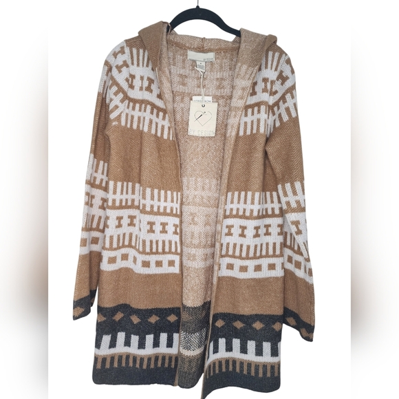 LOVE BY DESIGN Tribal print open sweater, Hooded, black/white/camel, size M - Picture 2 of 6